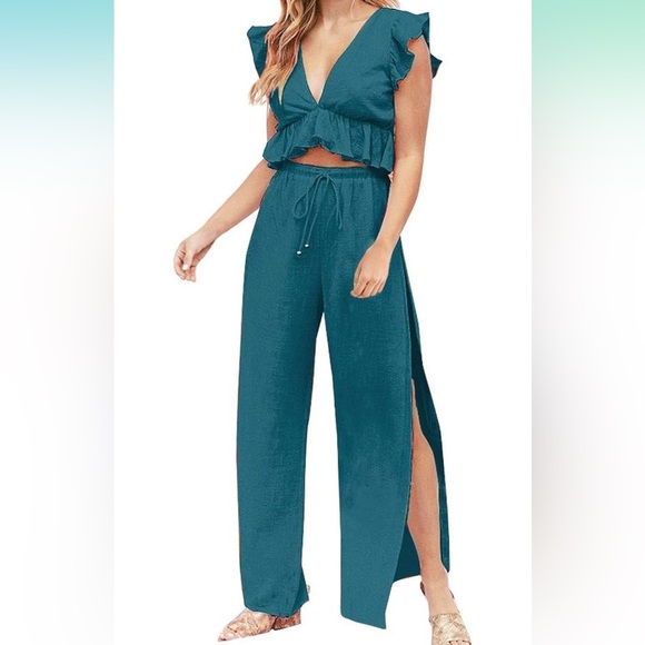 Fancyinn Pants - Womens 2 Piece Matching Set - Crop Top Side Slit Drawstring Wide Leg Pant